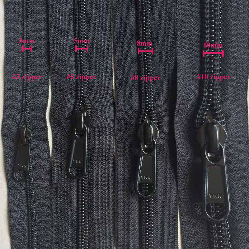 Zipper sizes: #3 zipper, #5 zipper, #8 zipper and #10 zipper (from left to right).