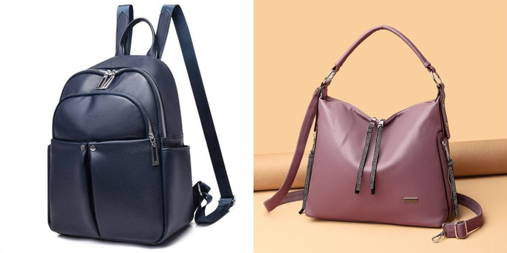 Zipper functions on bags: closure (zipper on left backpack), decoration (zippers on side parts of right handbag)