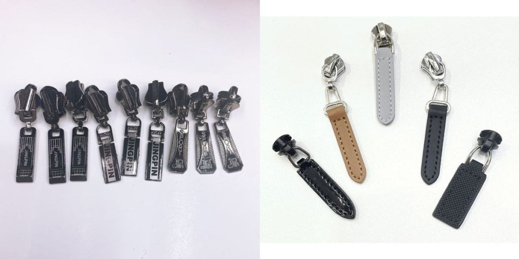 Zipper puller:
Left: metal puller with logo
Right: PU puller